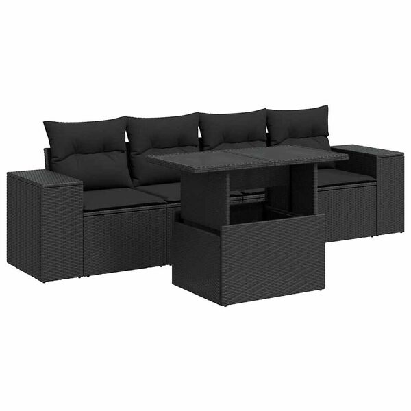vidaXL 5-tlg. Garten-Sofagarnitur mit Kissen Schwarz Poly Rattan