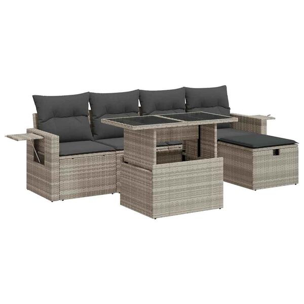 vidaXL 6-tlg. Garten-Sofagarnitur mit Kissen Hellgrau Poly Rattan