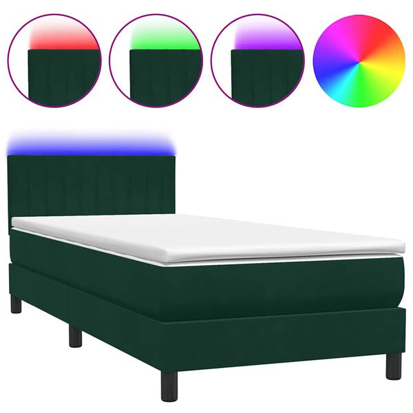 vidaXL Boxspringbett mit Matratze & LED Dunkelgr&uuml;n 90x210 cm Samt