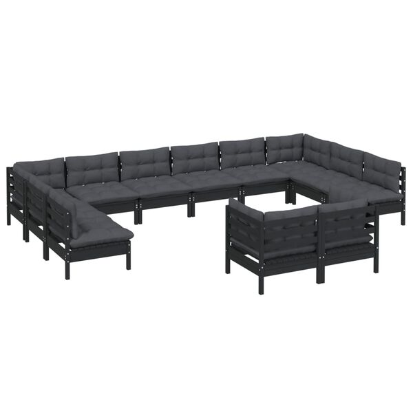 vidaXL 12-tlg. Garten-Lounge-Set mit Kissen Schwarz Kiefer Massivholz