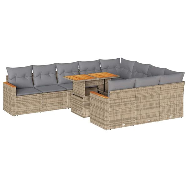 vidaXL 11-tlg. Garten-Sofagarnitur mit Kissen Beige Poly Rattan Akazie