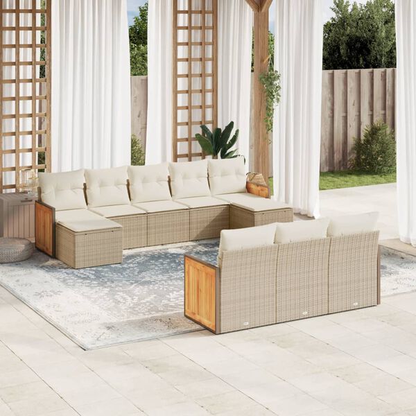 vidaXL 10-tlg. Garten-Sofagarnitur mit Kissen Beige Poly Rattan