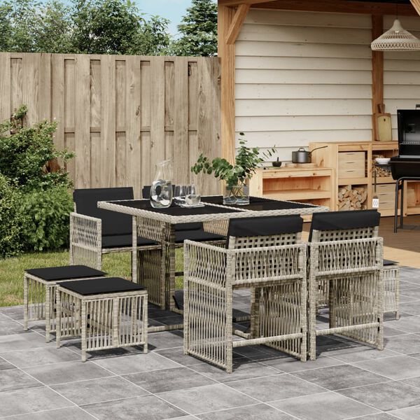 vidaXL 9-tlg. Garten-Essgruppe mit Kissen Hellgrau Poly Rattan