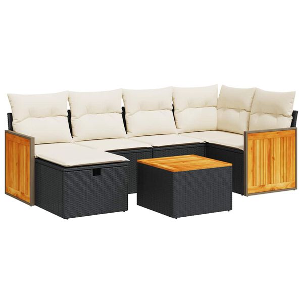 vidaXL 7-tlg. Garten-Sofagarnitur mit Kissen Schwarz Poly Rattan