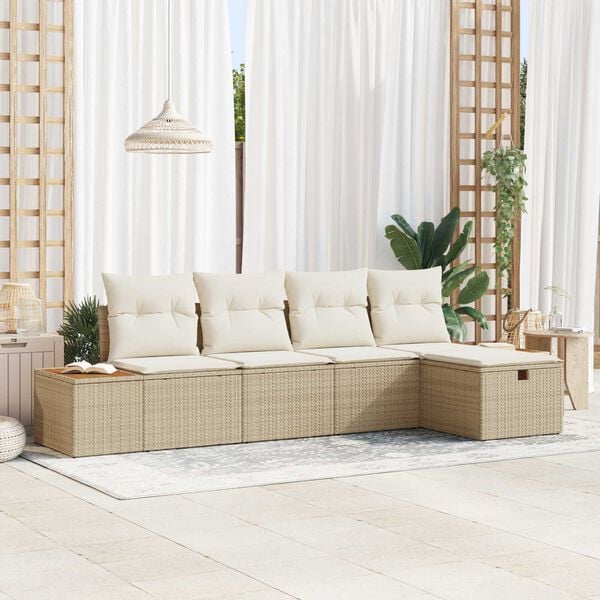 vidaXL Gartensofa-set mit Kissen mit Speicher 5 pcs Beige Poly-Rattan