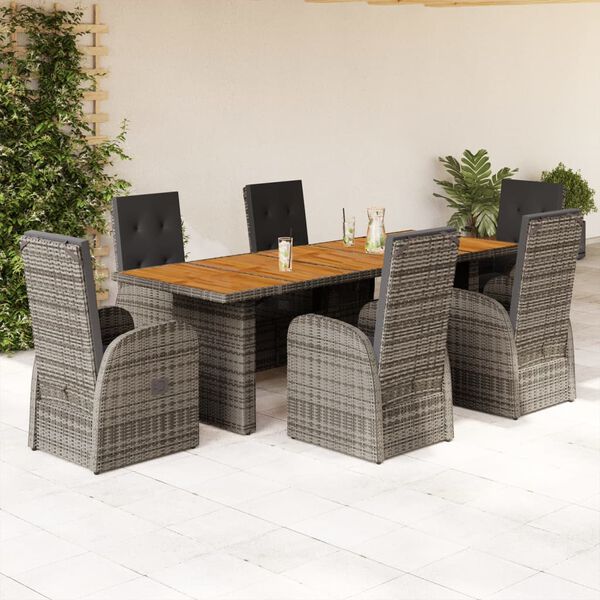 vidaXL 7-tlg. Garten-Essgruppe mit Kissen Grau Poly Rattan