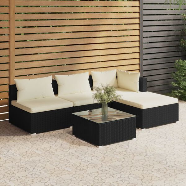 vidaXL 5-tlg. Garten-Lounge-Set mit Kissen Poly Rattan Schwarz