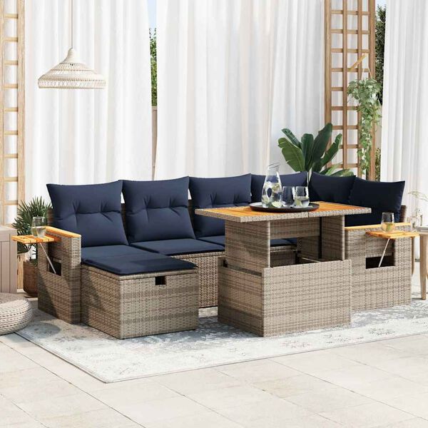 vidaXL 7-tlg. Garten-Sofagarnitur mit Kissen Grau Poly Rattan