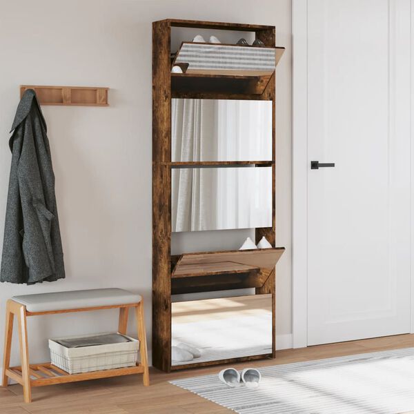 vidaXL Schuhschrank mit Spiegel 5 F&auml;cher R&auml;uchereiche 63x17x169,5 cm