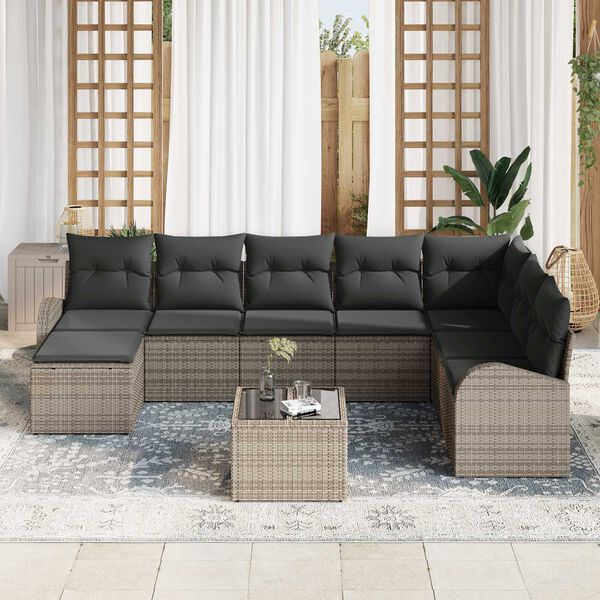 vidaXL Sofa Set mit Kissen mit Speicher 9 pcs Grau Poly-Rattan