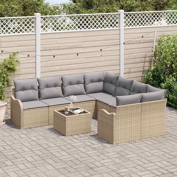 vidaXL Gartensofa-set mit Kissen mit Speicher 9 pcs Beige Poly-Rattan