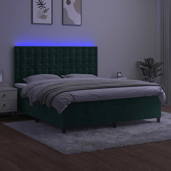 vidaXL Boxspringbett mit Matratze & LED Dunkelgr&uuml;n 160x200 cm Samt