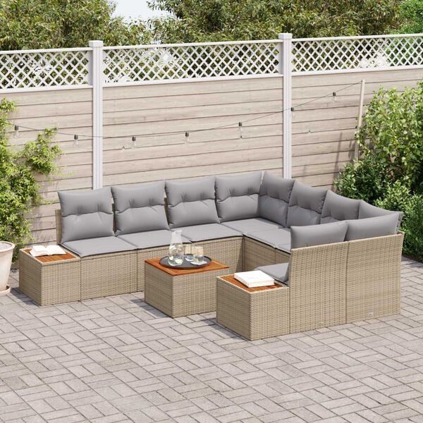 vidaXL Garten-Sofa-Set mit Kissen mit Speicher 9 pcs Beige Poly Rattan