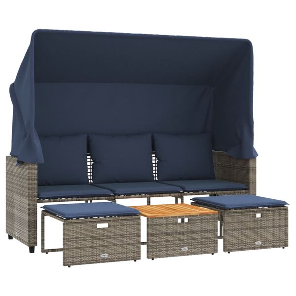 vidaXL Gartensofa 3-Sitzer mit Baldachin und Hockern Grau Poly Rattan