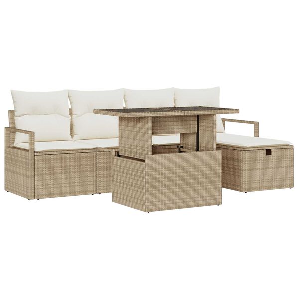 vidaXL Garten-Sofa-Set mit Kissen mit Speicher 6 pcs Beige Poly Rattan