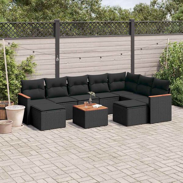 vidaXL 10-tlg. Garten-Sofagarnitur mit Kissen Schwarz Poly Rattan