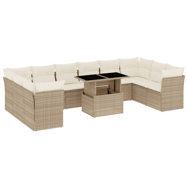 vidaXL 11-tlg. Garten-Sofagarnitur mit Kissen Beige Poly Rattan