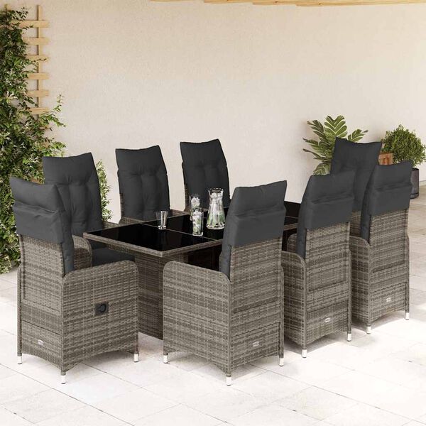 vidaXL 9-tlg. Garten-Bistro-Set mit Kissen Grau Poly Rattan