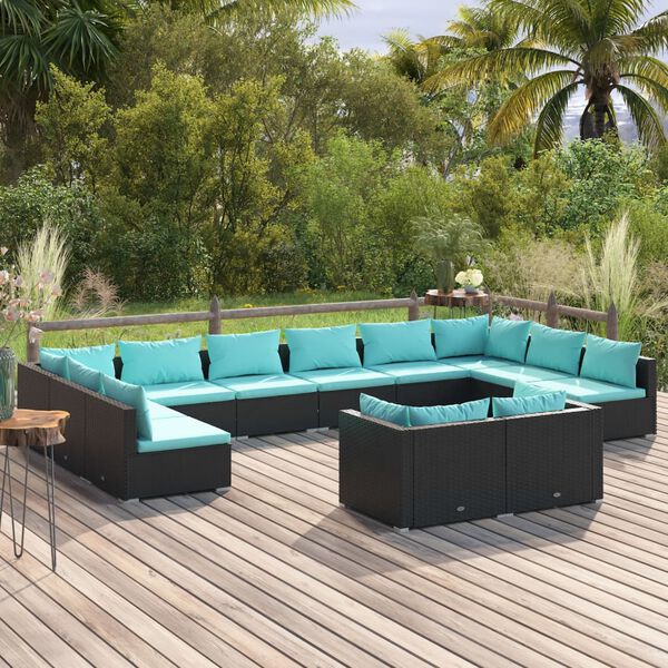 vidaXL 12-tlg. Garten-Lounge-Set mit Kissen Schwarz Poly Rattan