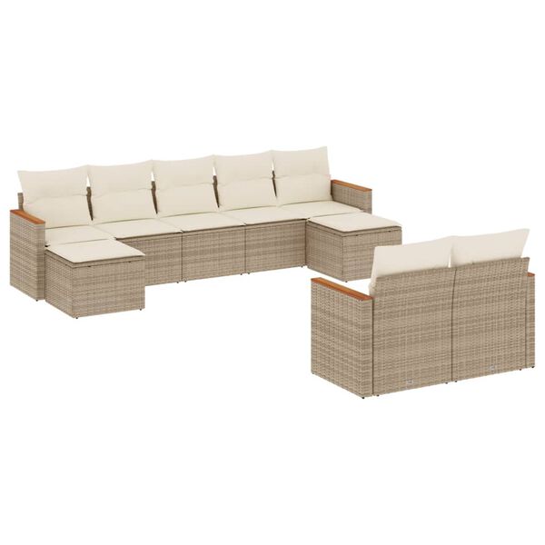 vidaXL 9-tlg. Garten-Sofagarnitur mit Kissen Beige Poly Rattan