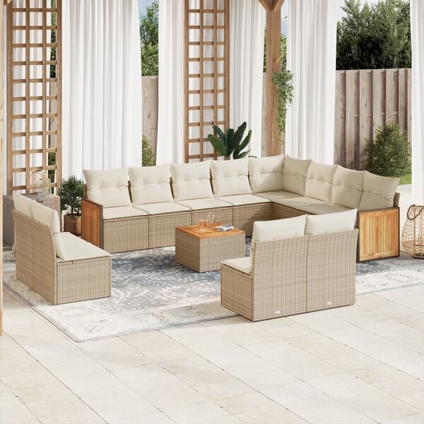 vidaXL 13-tlg. Garten-Sofagarnitur mit Kissen Beige Poly Rattan