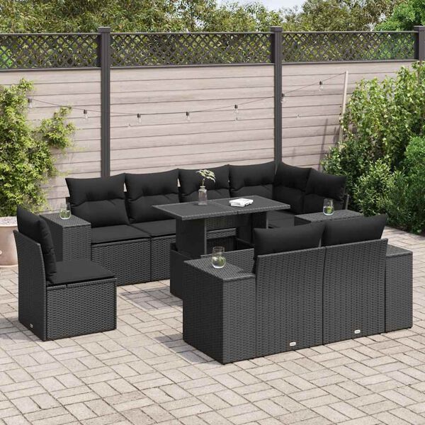 vidaXL 9-tlg. Garten-Sofagarnitur mit Kissen Schwarz Poly Rattan