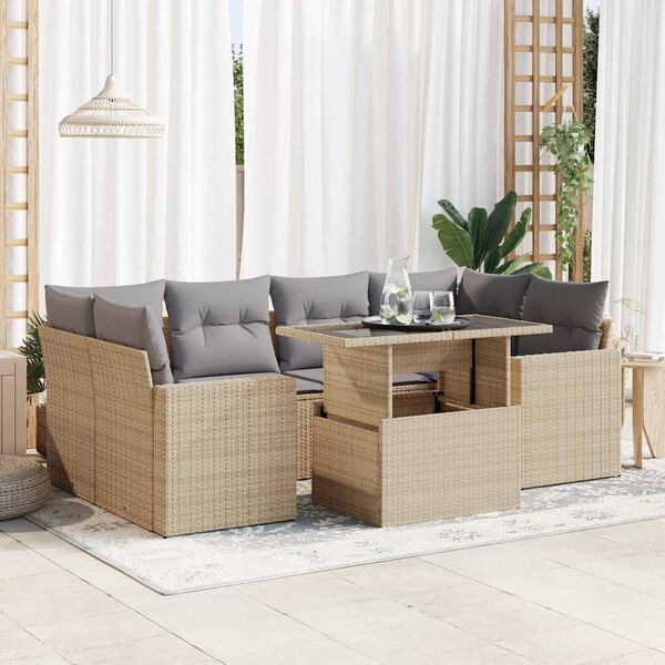 vidaXL 7-tlg. Garten-Sofagarnitur mit Kissen Beige Poly Rattan