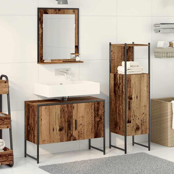 vidaXL Badezimmerm&ouml;bel-Set mit Regal mit T&uuml;r 3 pcs Braun Holzwerkstoff