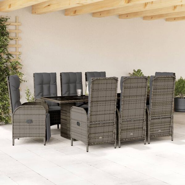 vidaXL 9-tlg. Garten-Essgruppe mit Kissen Grau Poly Rattan