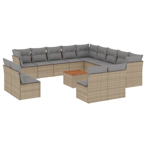 vidaXL 14-tlg. Garten-Sofagarnitur mit Kissen Beige Poly Rattan