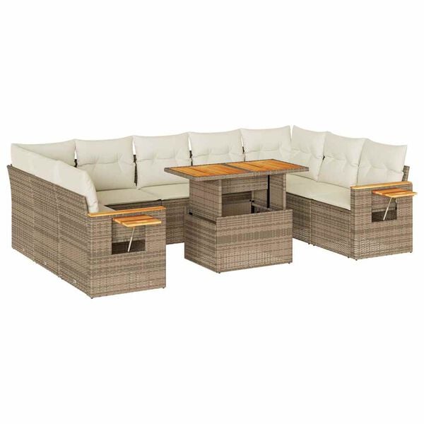 vidaXL 10-tlg. Garten-Sofagarnitur mit Kissen Beige Poly Rattan Akazie