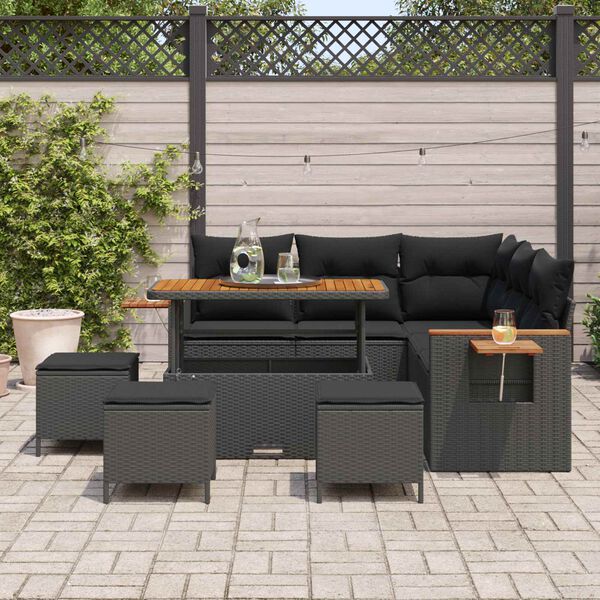 vidaXL Garten-Sofa-Set mit Kissen mit Speicher Schwarz Poly Rattan