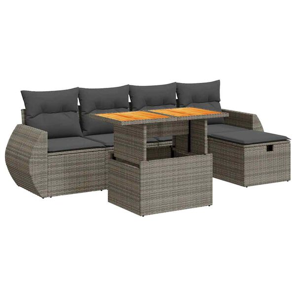 vidaXL 6-tlg. Garten-Sofagarnitur mit Kissen Grau Poly Rattan Akazie
