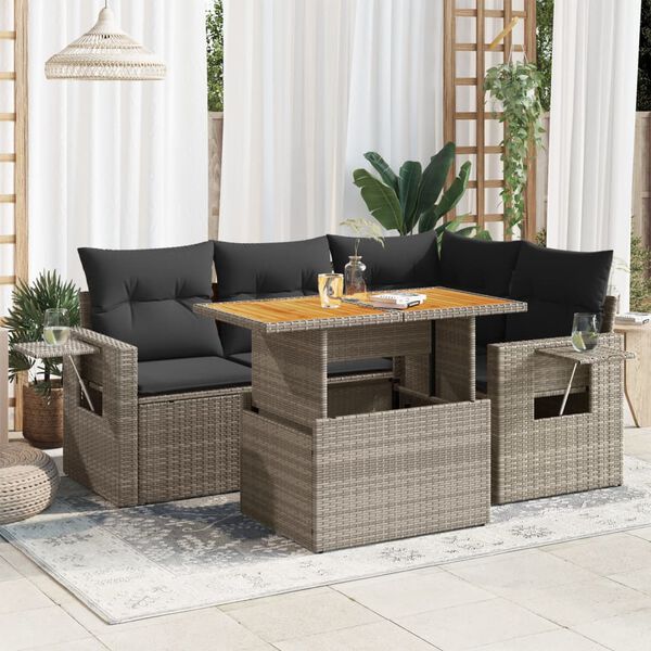 vidaXL 5-tlg. Garten-Sofagarnitur mit Kissen Grau Poly Rattan