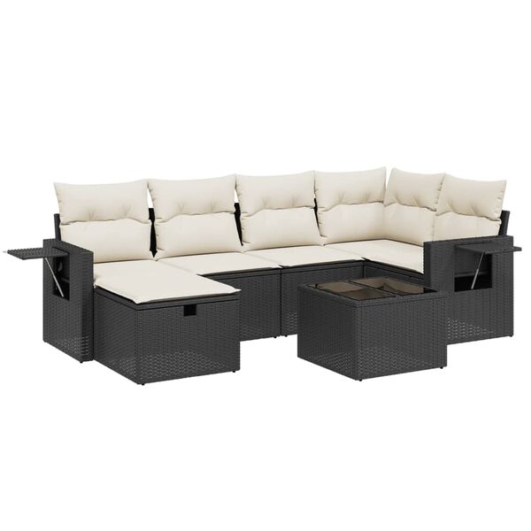 vidaXL 7-tlg. Garten-Sofagarnitur mit Kissen Schwarz Poly Rattan