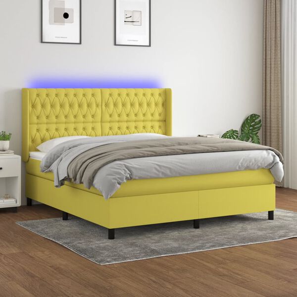 vidaXL Boxspringbett mit Matratze & LED Gr&uuml;n 180x200 cm Stoff