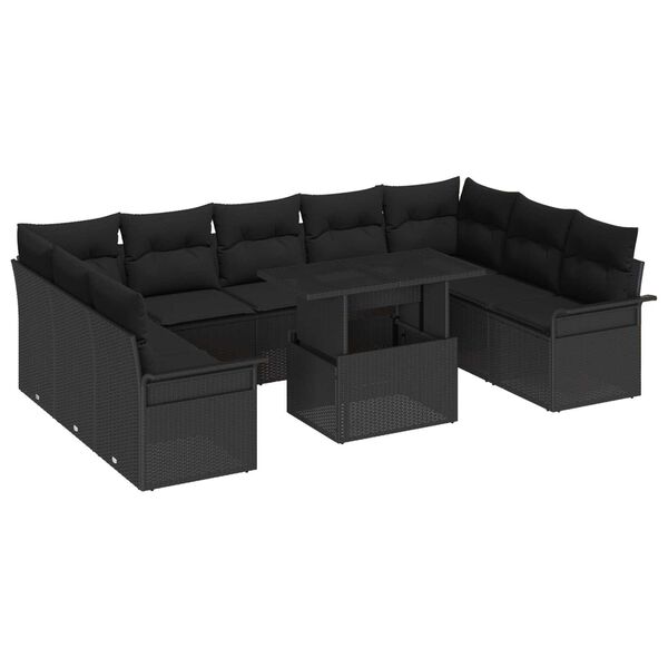 vidaXL Garten-Sofa-Set mit Kissen 10 pcs Schwarz Poly Rattan