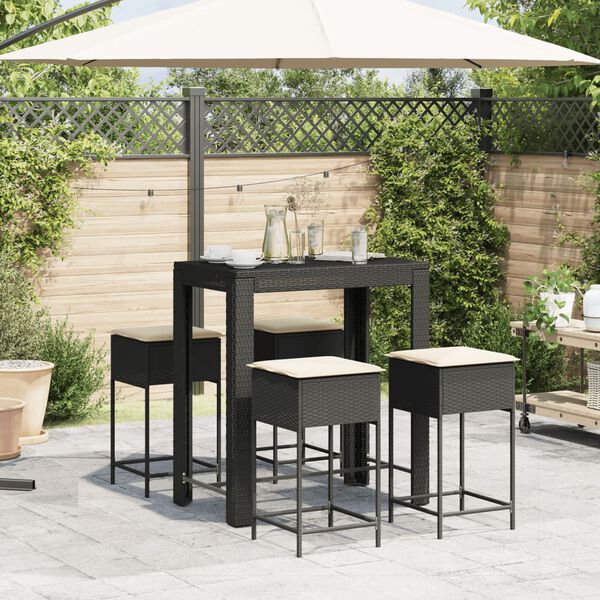 vidaXL 5-tlg. Gartenbar-Set mit Kissen Schwarz Poly Rattan