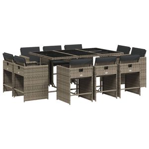 vidaXL 11-tlg. Garten-Essgruppe mit Kissen Grau Poly Rattan