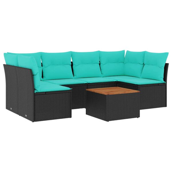 vidaXL 7-tlg. Garten-Sofagarnitur mit Kissen Schwarz Poly Rattan