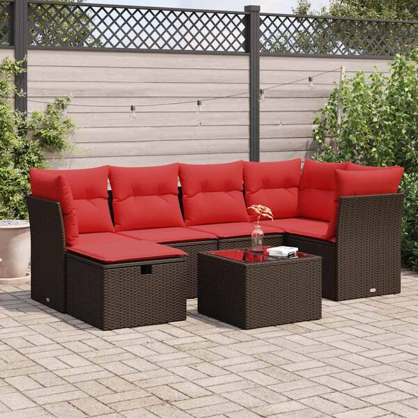vidaXL 7-tlg. Garten-Sofagarnitur mit Kissen Braun Poly Rattan