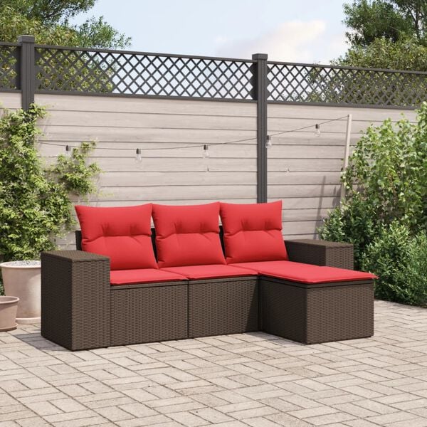 vidaXL 4-teiliges Gartensofa-Set mit Kissen, braun, Polyrattan