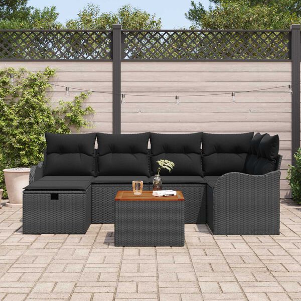 vidaXL Garten-Sofa-Set mit Kissen 7 pcs Schwarz Poly Rattan