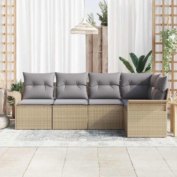 vidaXL Garten-Sofa-Set mit Kissen mit Speicher 5 pcs Beige Poly Rattan