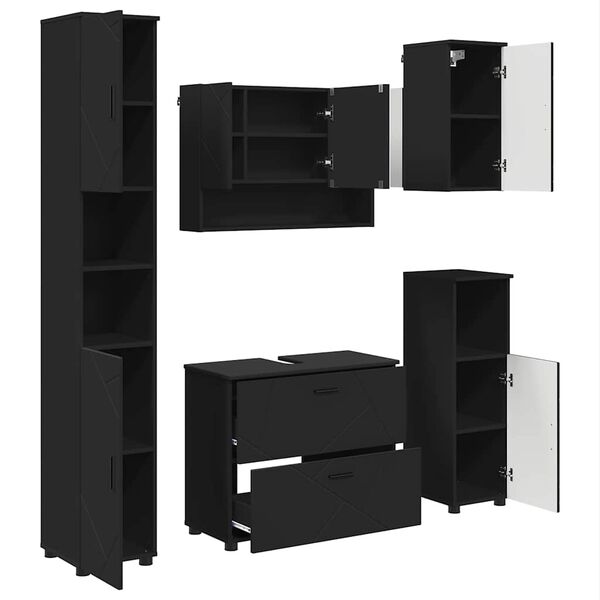 vidaXL Badezimmerm&ouml;bel-Set mit T&uuml;r 5 pcs Schwarz Sperrholz und Metall