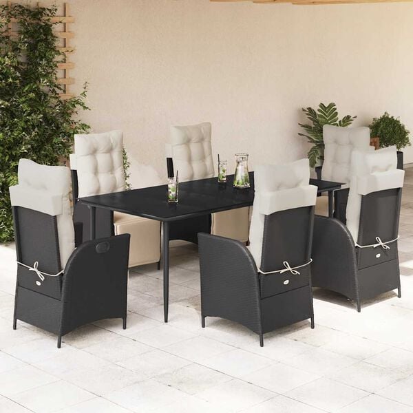 vidaXL 7-tlg. Garten-Essgruppe mit Kissen Schwarz Poly Rattan