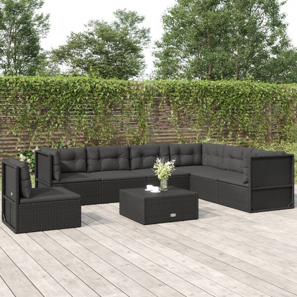 vidaXL 7-tlg. Garten-Lounge-Set mit Kissen Schwarz Poly Rattan