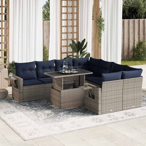 vidaXL 9-tlg. Garten-Sofagarnitur mit Kissen Grau Poly Rattan