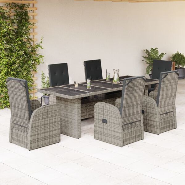 vidaXL 7-tlg. Garten-Essgruppe mit Kissen Grau Poly Rattan