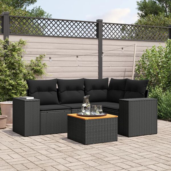 vidaXL 5-tlg. Garten-Sofagarnitur mit Kissen Schwarz Poly Rattan